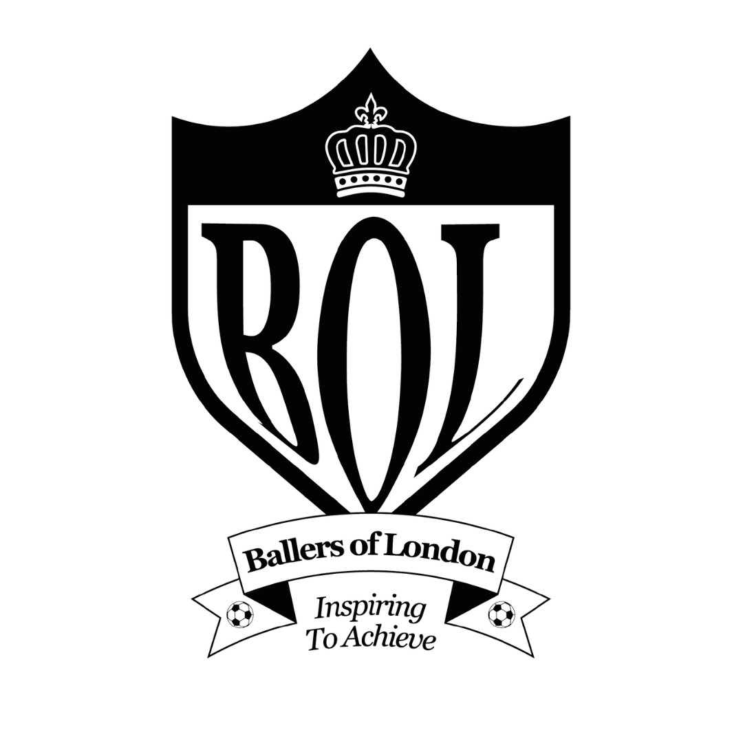Black and white logo featuring a shield with a crown at the top, the letters 'BOL' in the centre, and a banner below reading 'Ballers of London' with the tagline 'Inspiring To Achieve' and two small soccer balls.