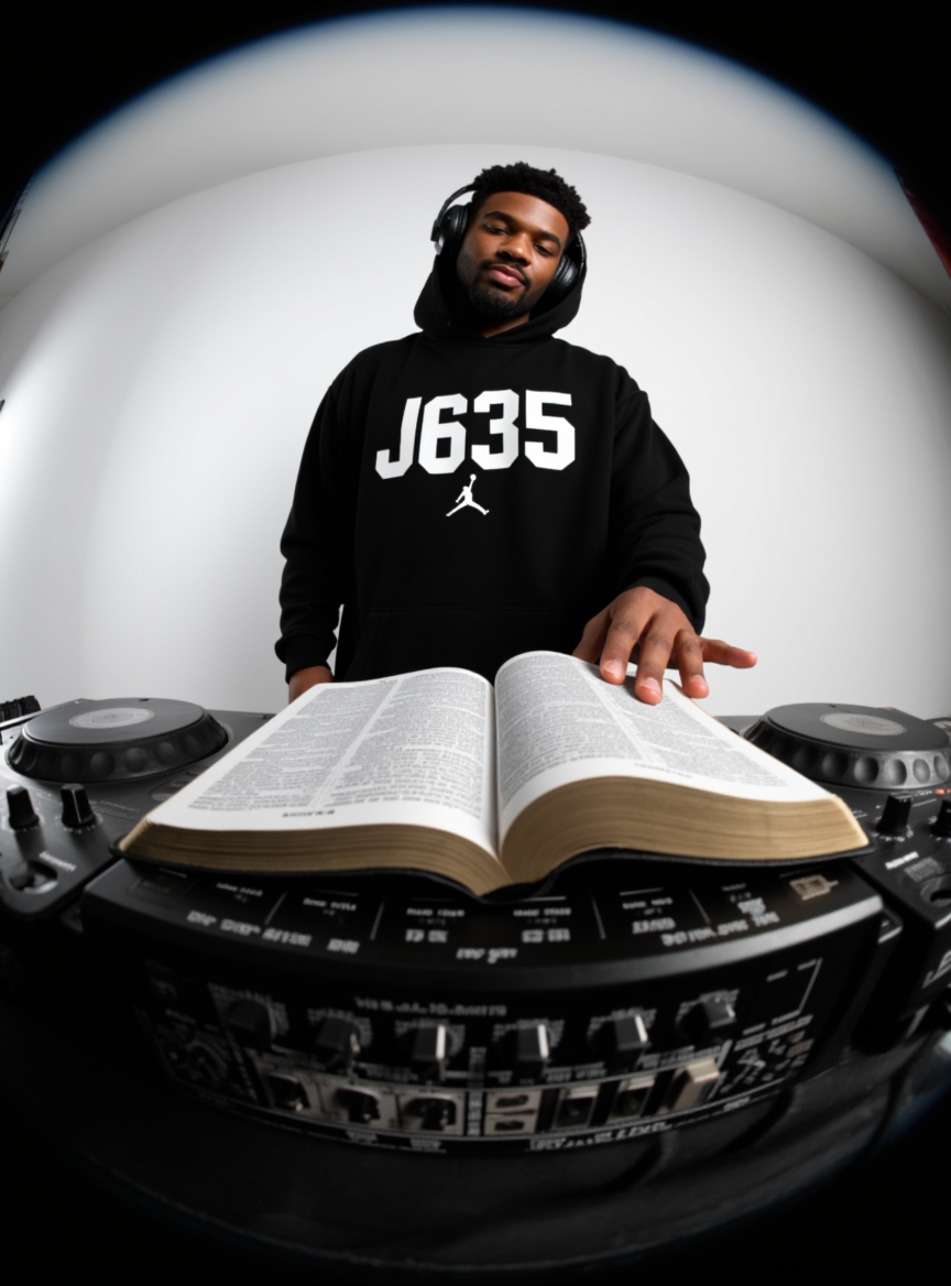 A DJ wearing a black hoodie with 'J635' and the Jumpman logo, listening to music with headphones, standing behind a DJ setup with an open book on the mixer.