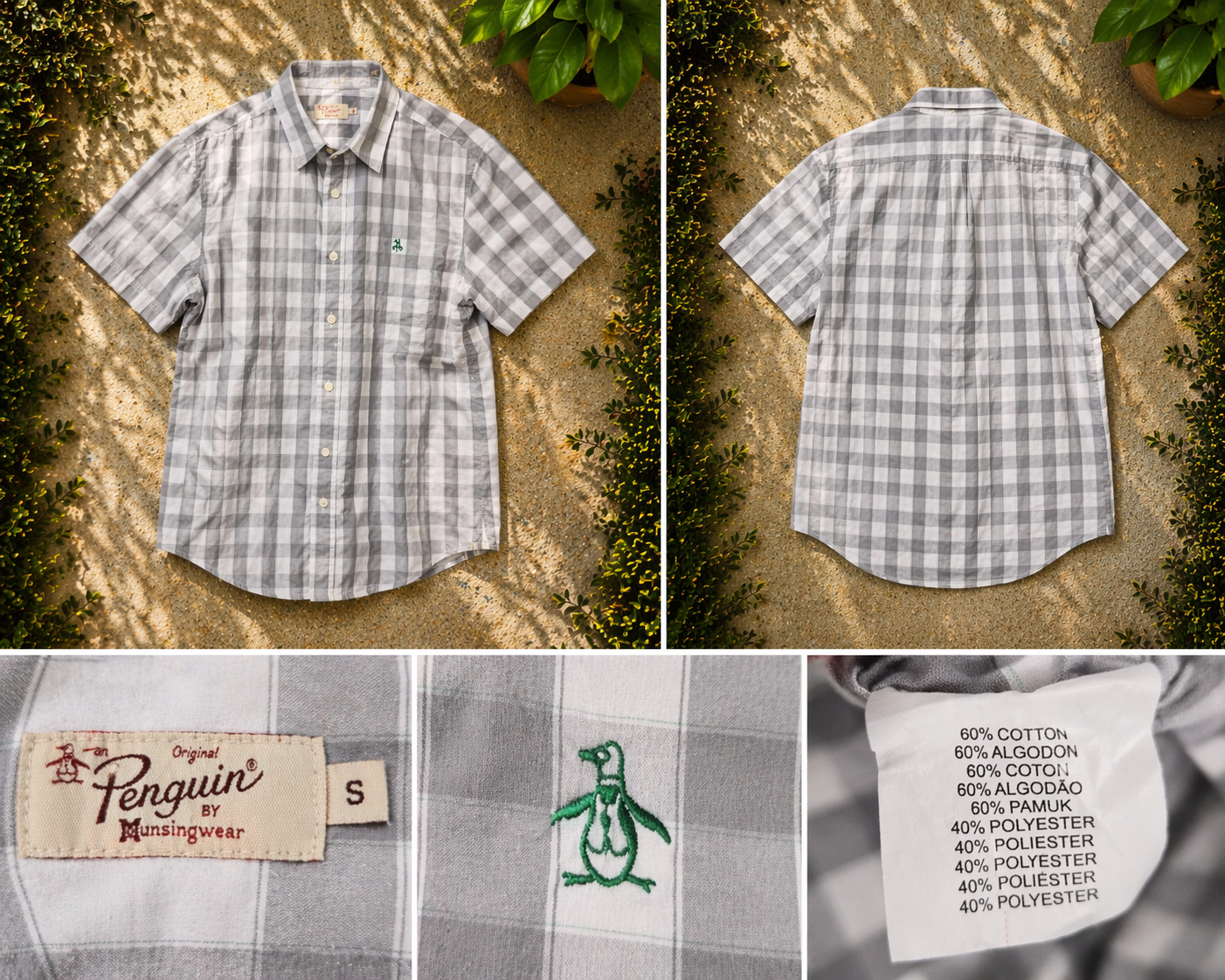 Men’s Penguin Plaid Short Sleeve Button-Up Shirt – Grey / White