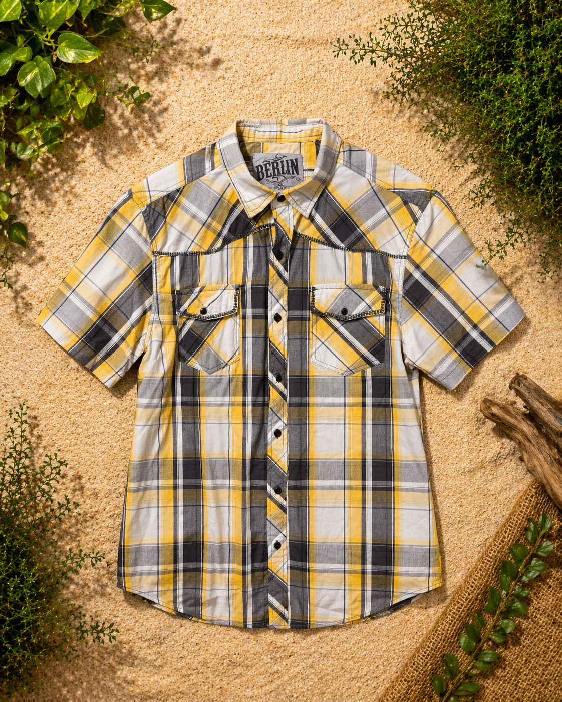 Men’s Plaid Short Sleeve Button-Up Shirt – Yellow / Grey