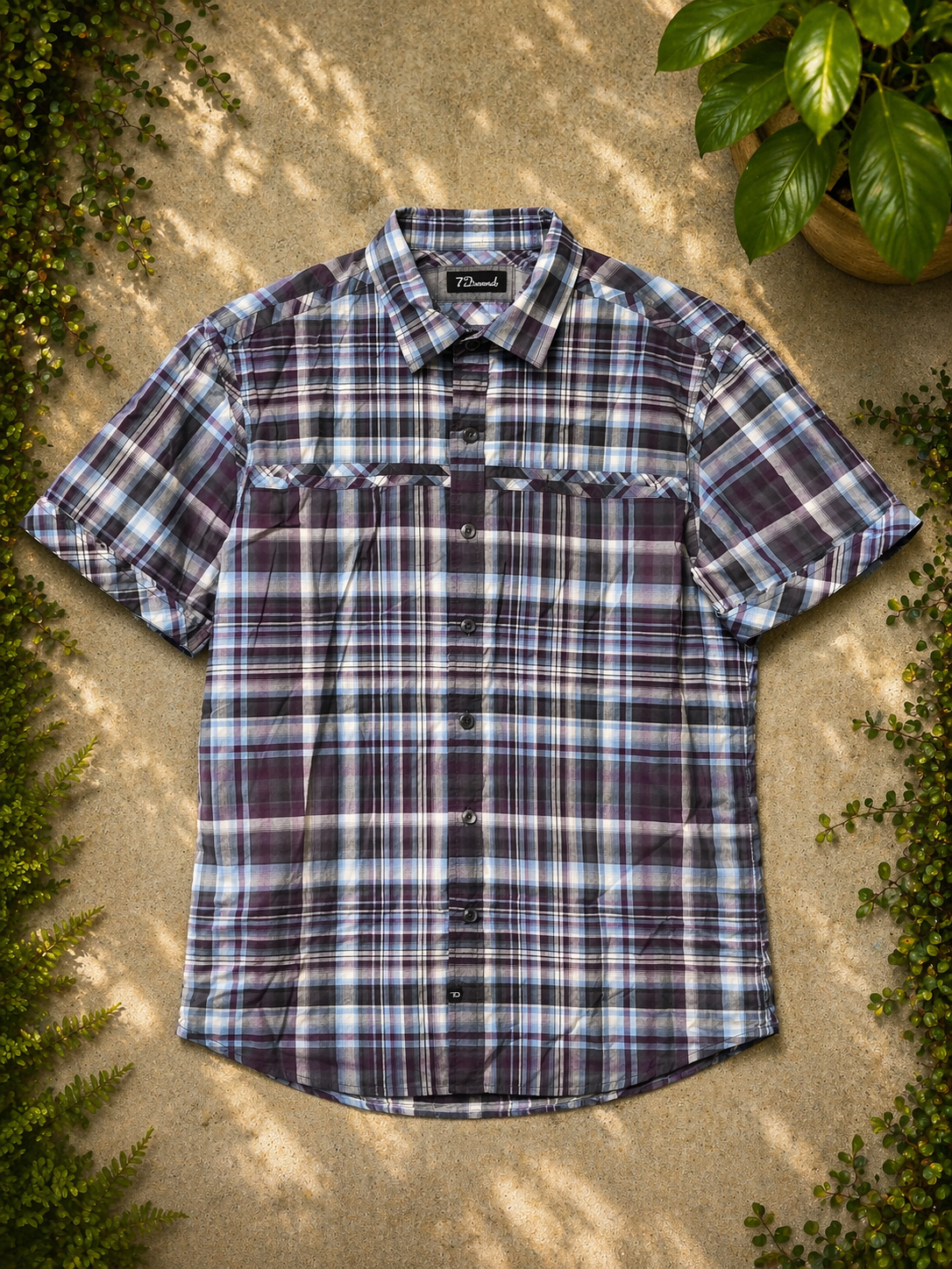 Men’s Plaid Short Sleeve Button-Up Shirt – Purple / Blue / Grey