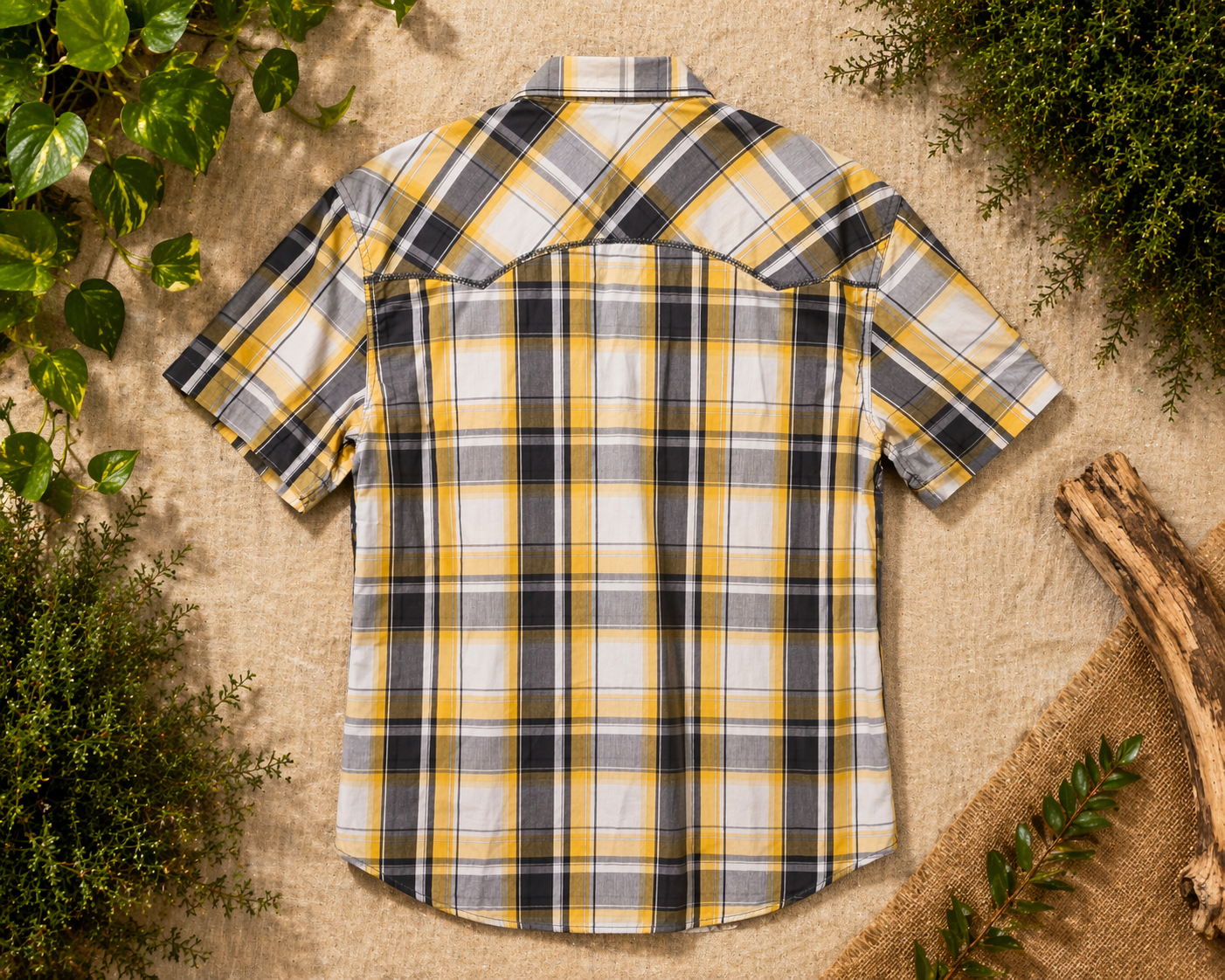 Men’s Plaid Short Sleeve Button-Up Shirt – Yellow / Grey