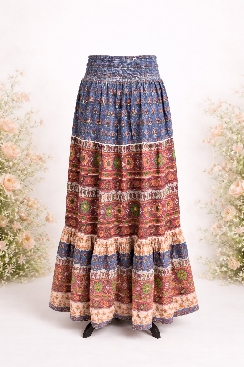 Bohemian patterned tiered maxi skirt