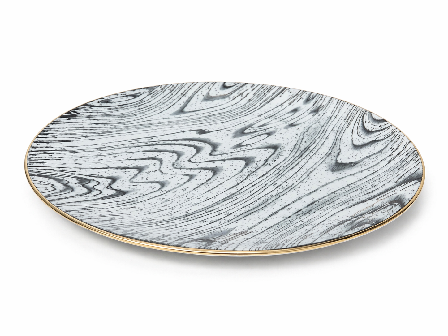 Marble Woodgrain Ceramic Plate with Gold Trim – Black / Ivory