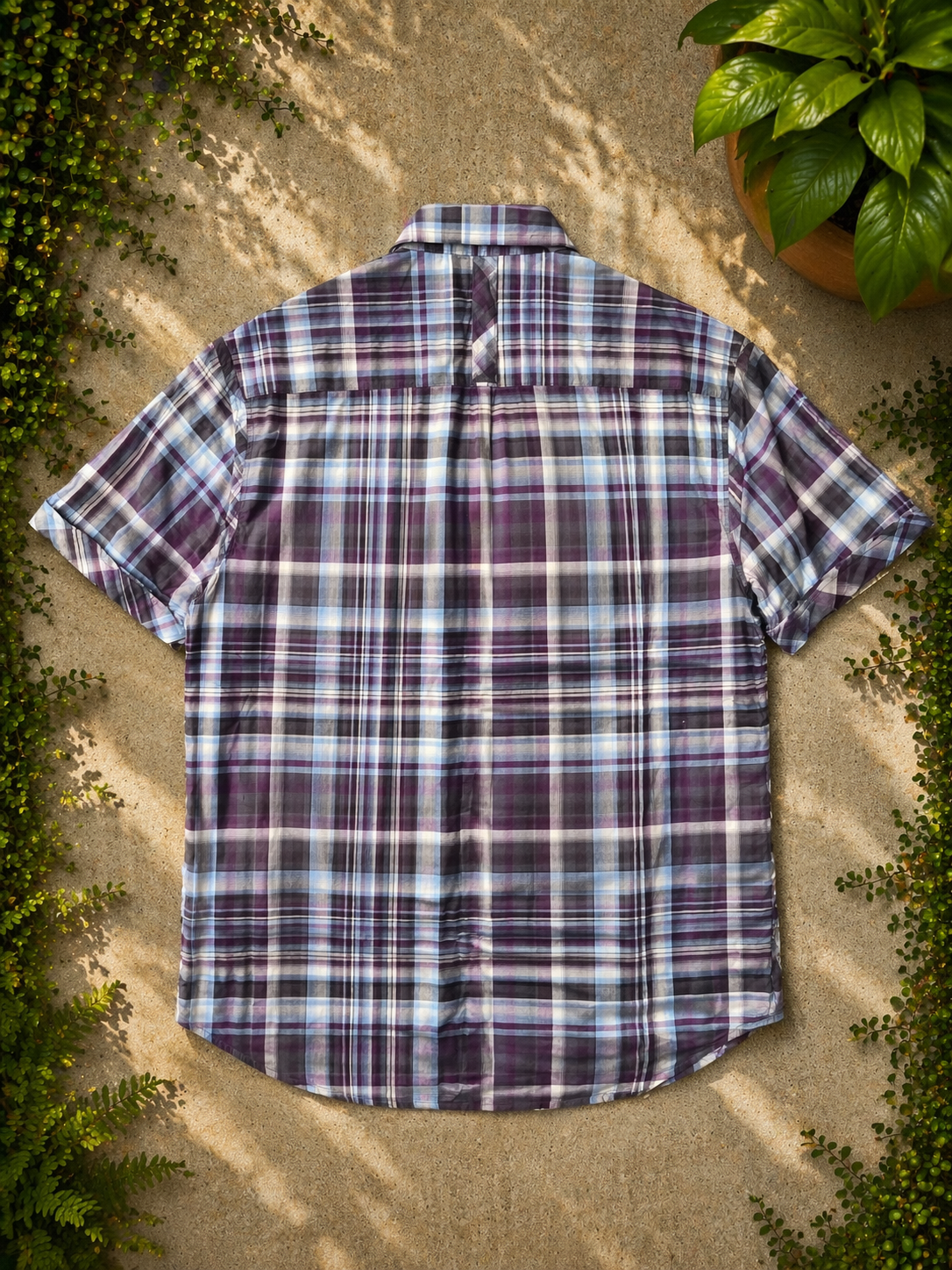 Men’s Plaid Short Sleeve Button-Up Shirt – Purple / Blue / Grey