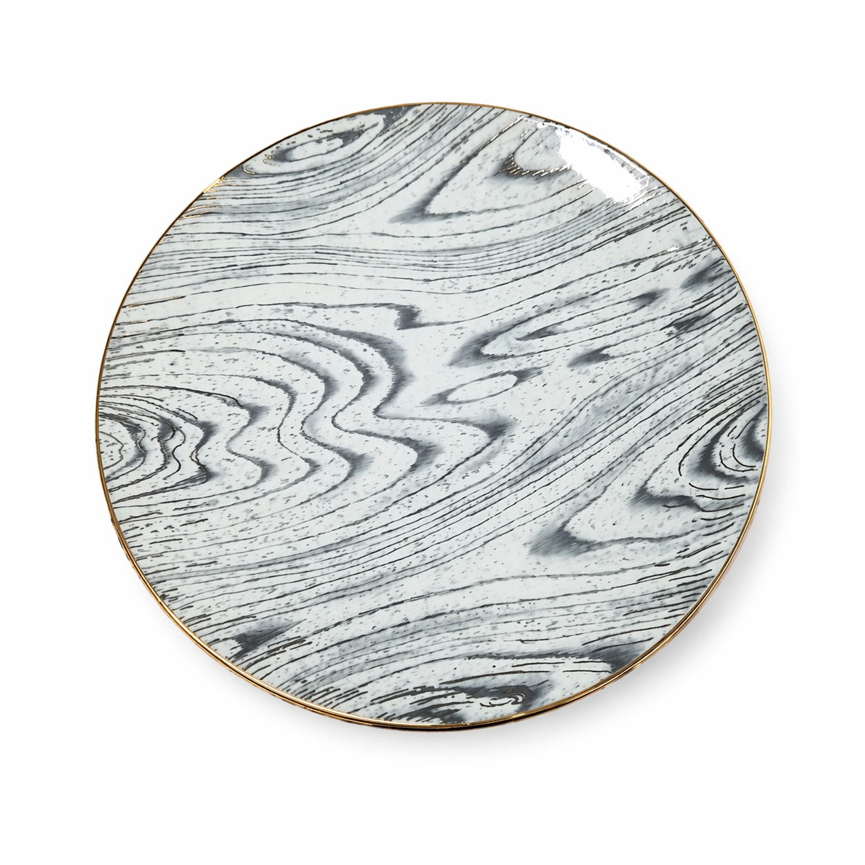 Marble Woodgrain Ceramic Plate with Gold Trim – Black / Ivory