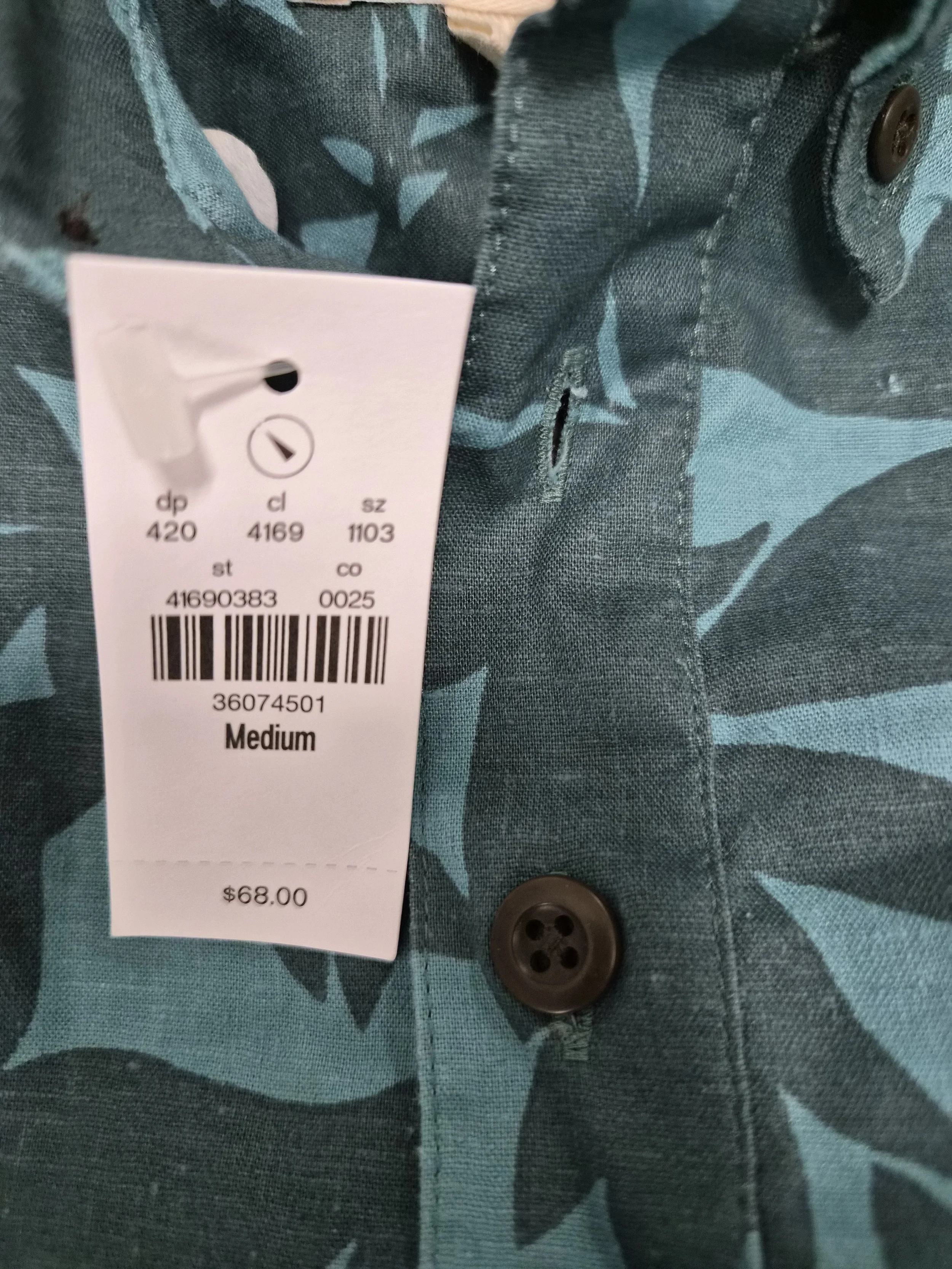 UpWest Teal Tropical Short Sleeve Button-Up Shirt – Size M