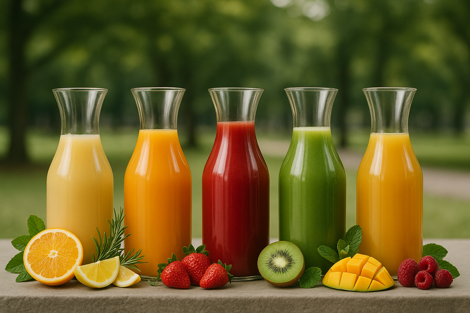 5 juices in glass carafes with various fruit and herbs around them
