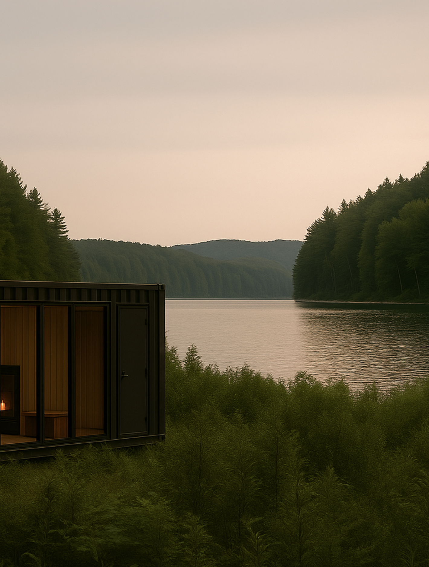 Modern retreat set beside a calm lake and forest.