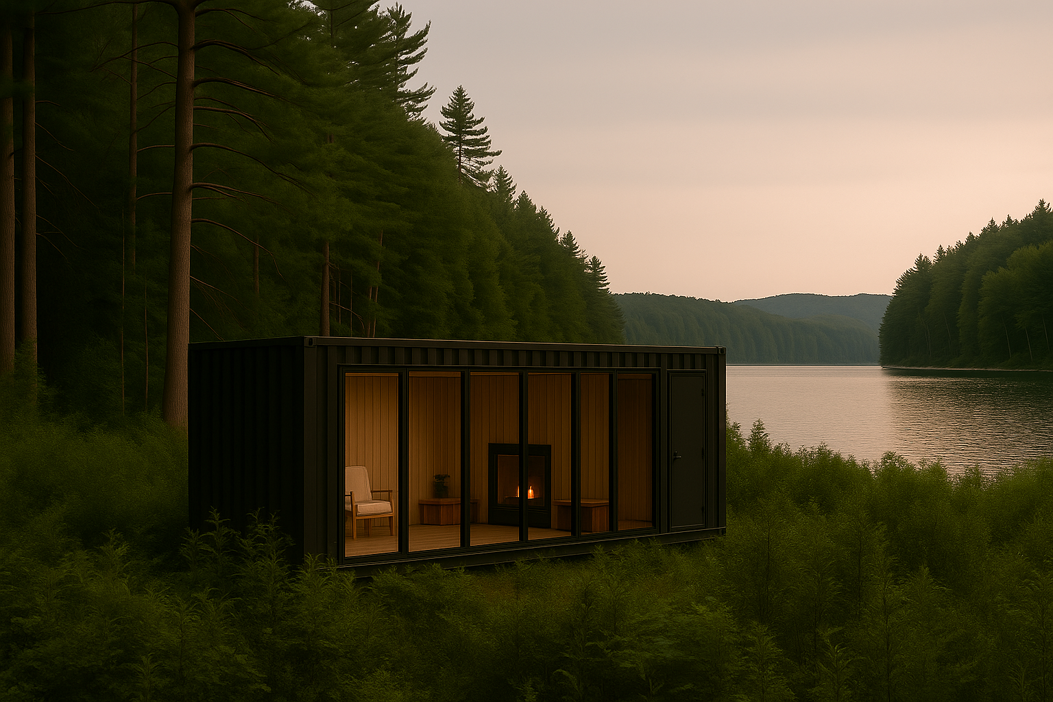 Nature-based wellness retreat overlooking a quiet lake in Ontario, surrounded by forest and designed for mindful living.