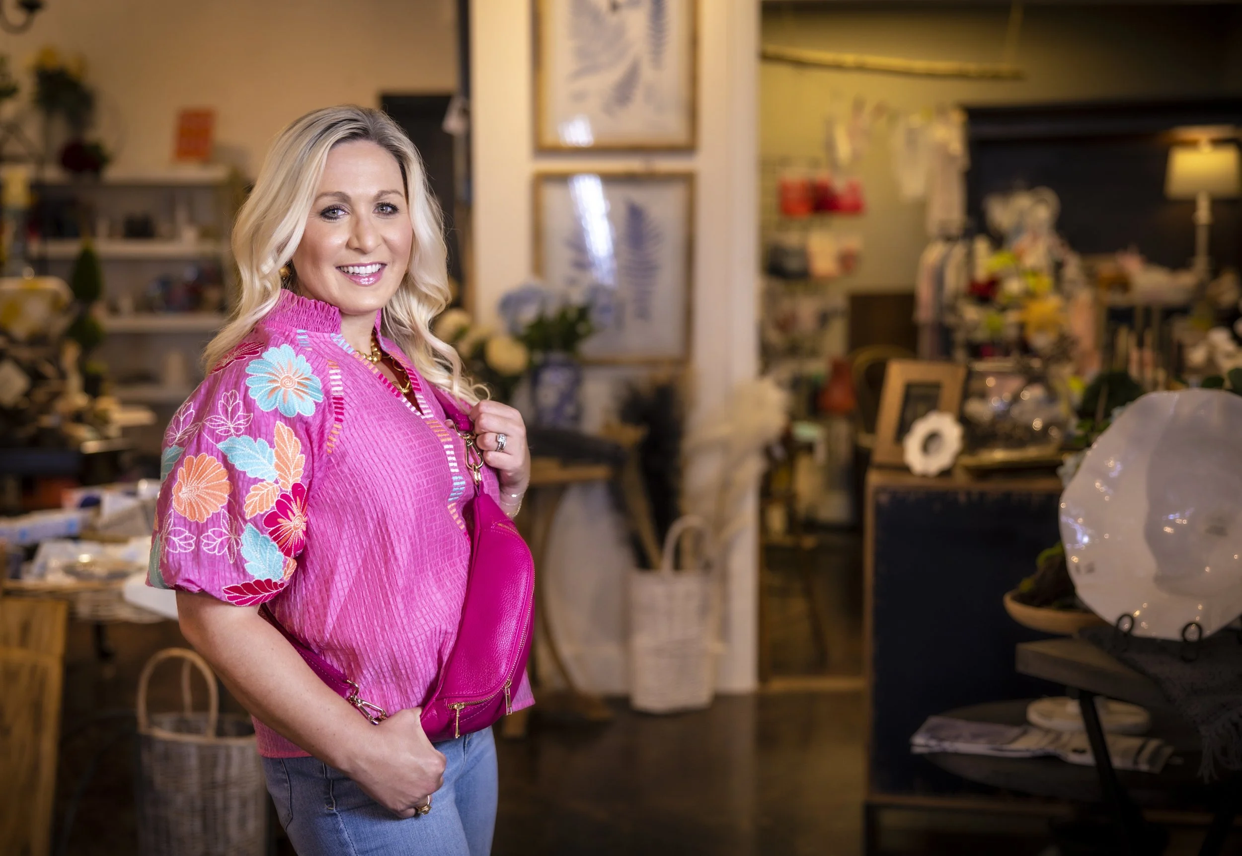 Blonde with Bright Pink Shirt with Flowers and Jeans