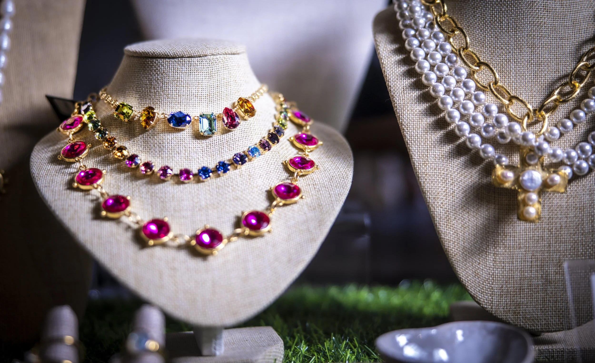 Three Colorful Necklaces on Mannequin