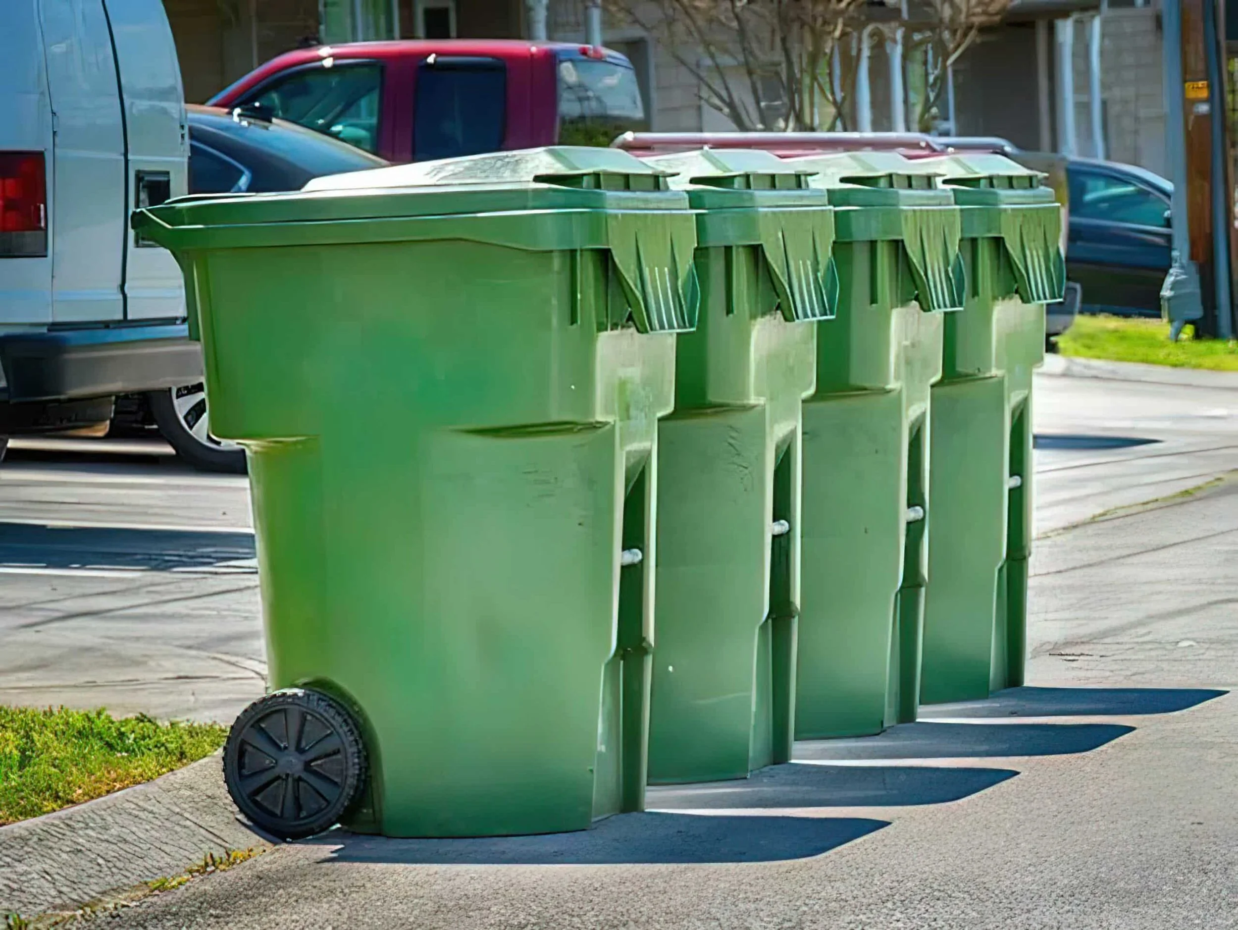 Four green wheeled trash bins lined up on a sidewalk street in front of parked cars and a building.