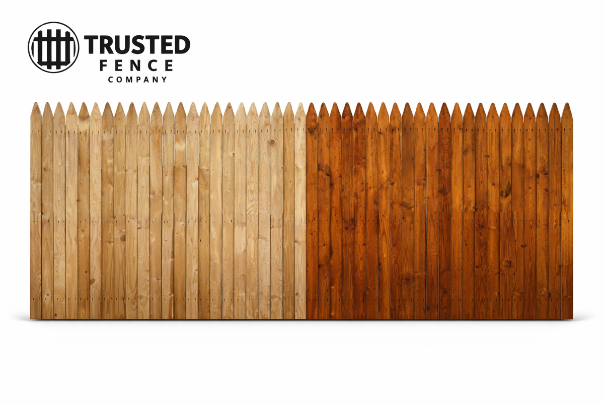 Before and after wood fence staining showing natural wood versus dark stained finish