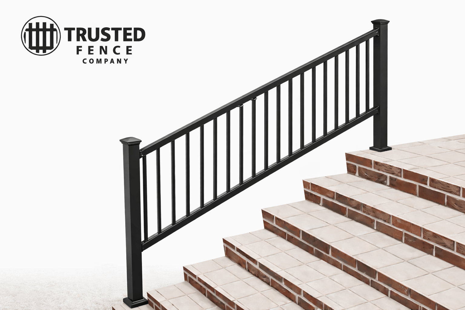 Trusted Fence Company logo and hand railing installation photo