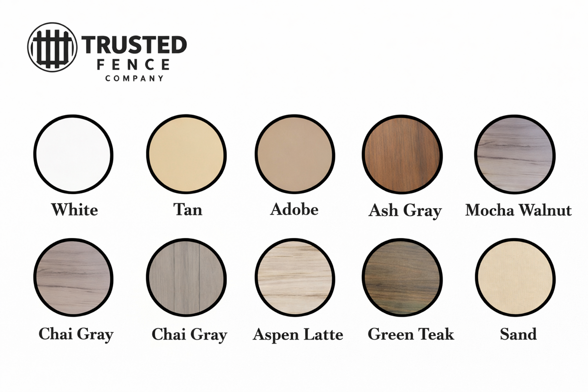 Vinyl fence color options including white, tan, gray, and wood-tone finishes