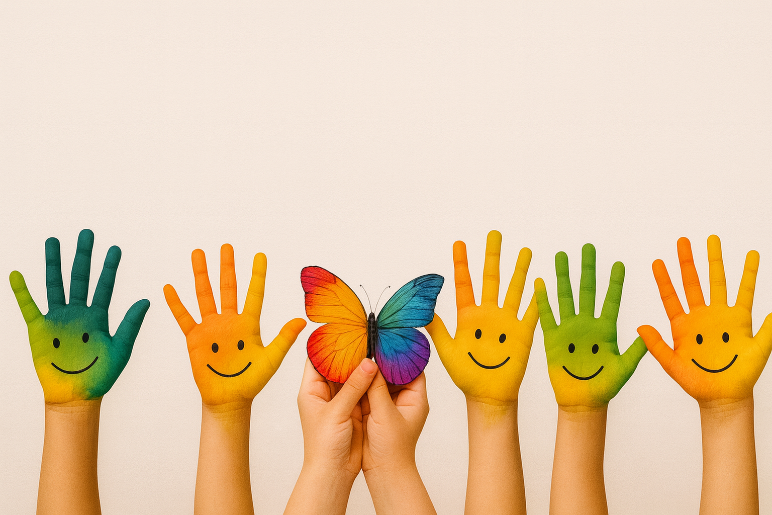 Five hands painted with smiley faces and colorful designs, one holding a rainbow butterfly, against a light background.