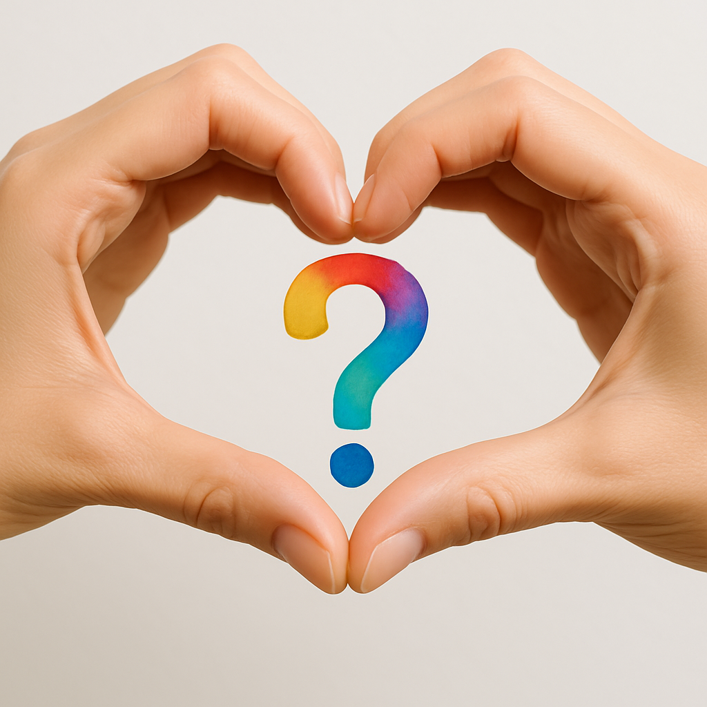 Two hands forming a heart shape around a colorful question mark against a neutral background.