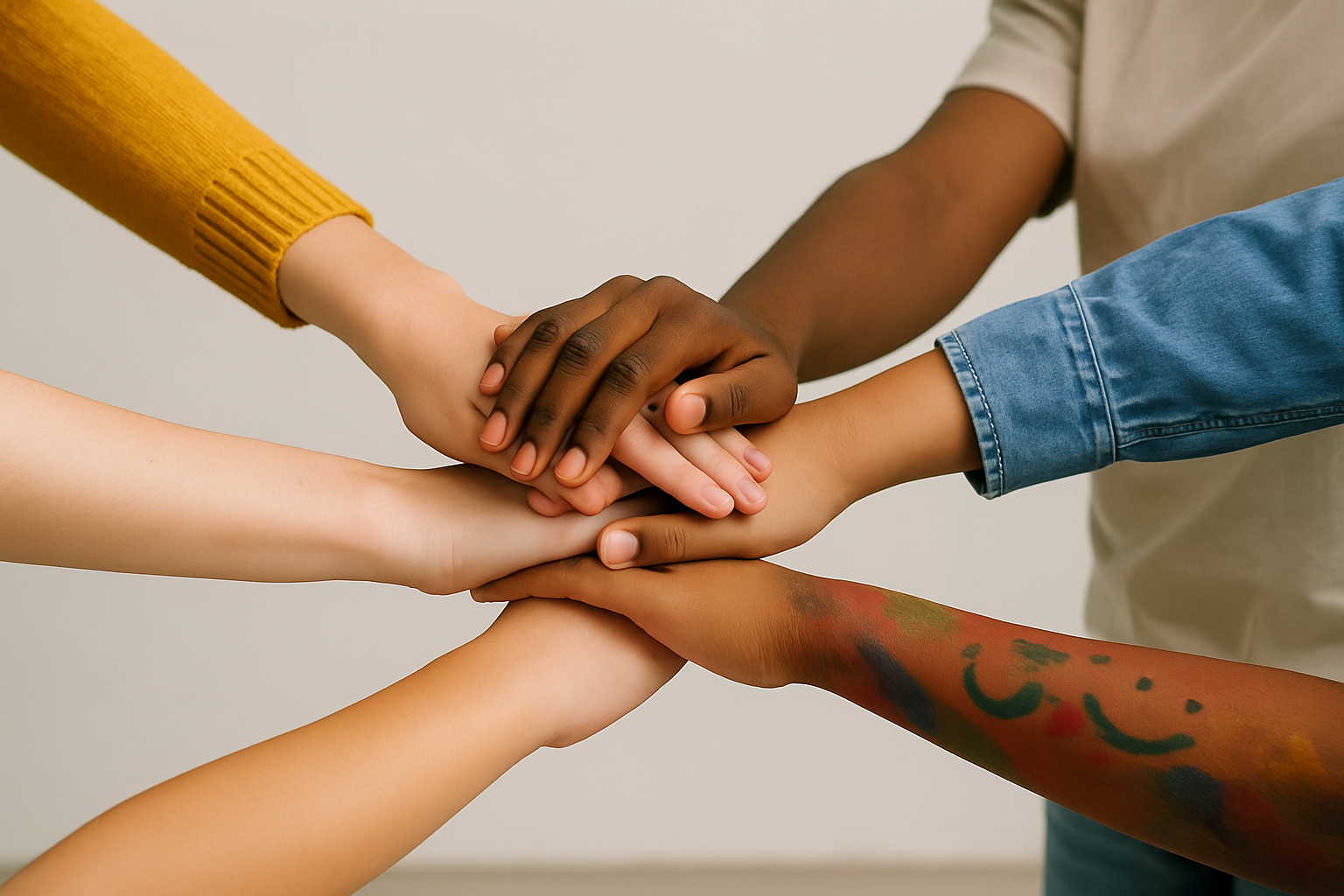 Multiple diverse hands stacked together, symbolizing unity and teamwork.