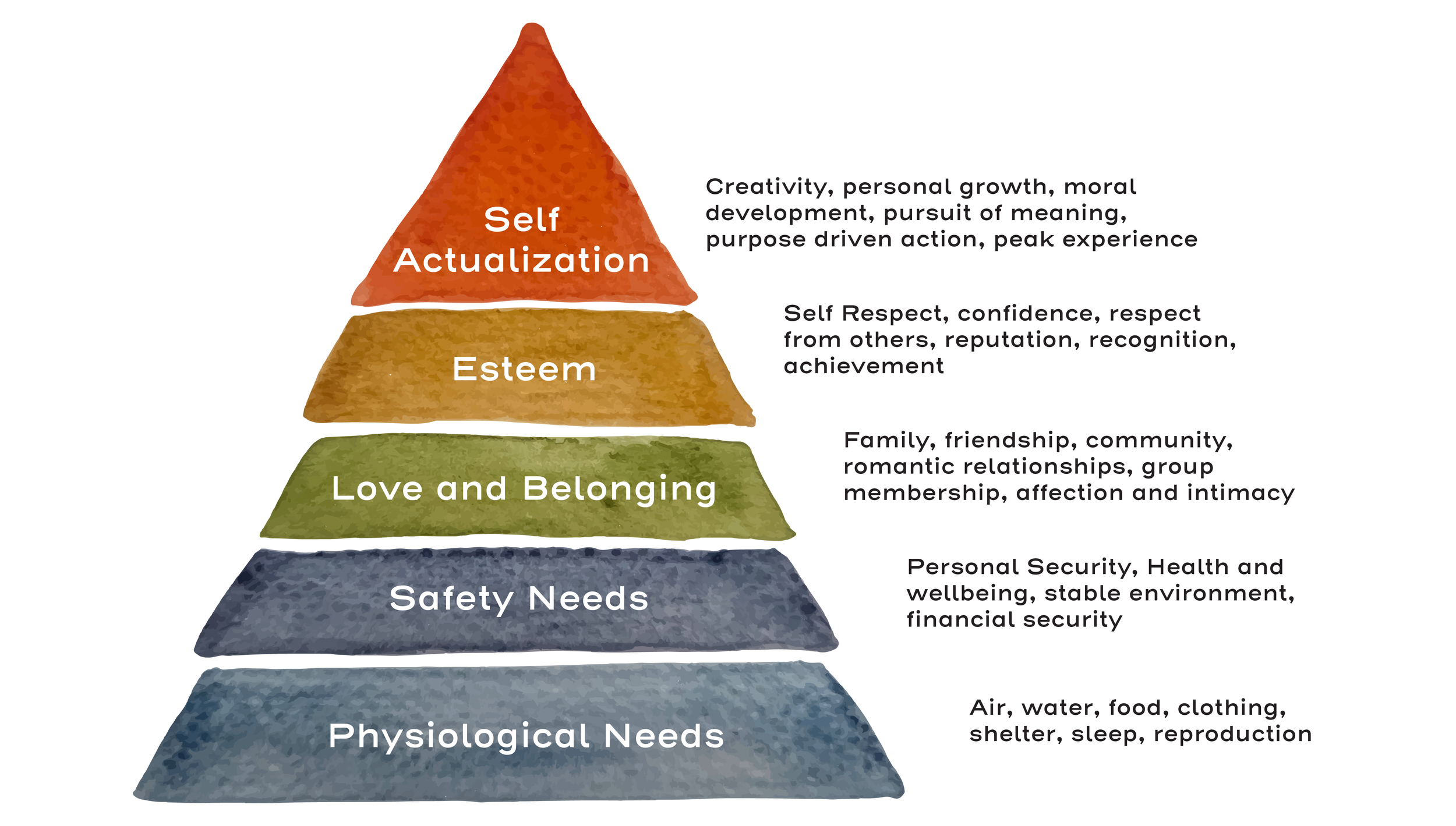 Maslow's hierarchy of needs: physiological, safety, love and belonging, esteem, and self-actualization