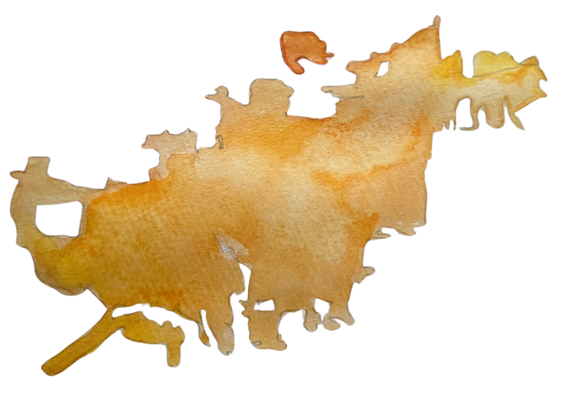 A watercolor painting of a ginger tabby housecat in a walking position with a curved tail, painted in warm orange and yellow hues.