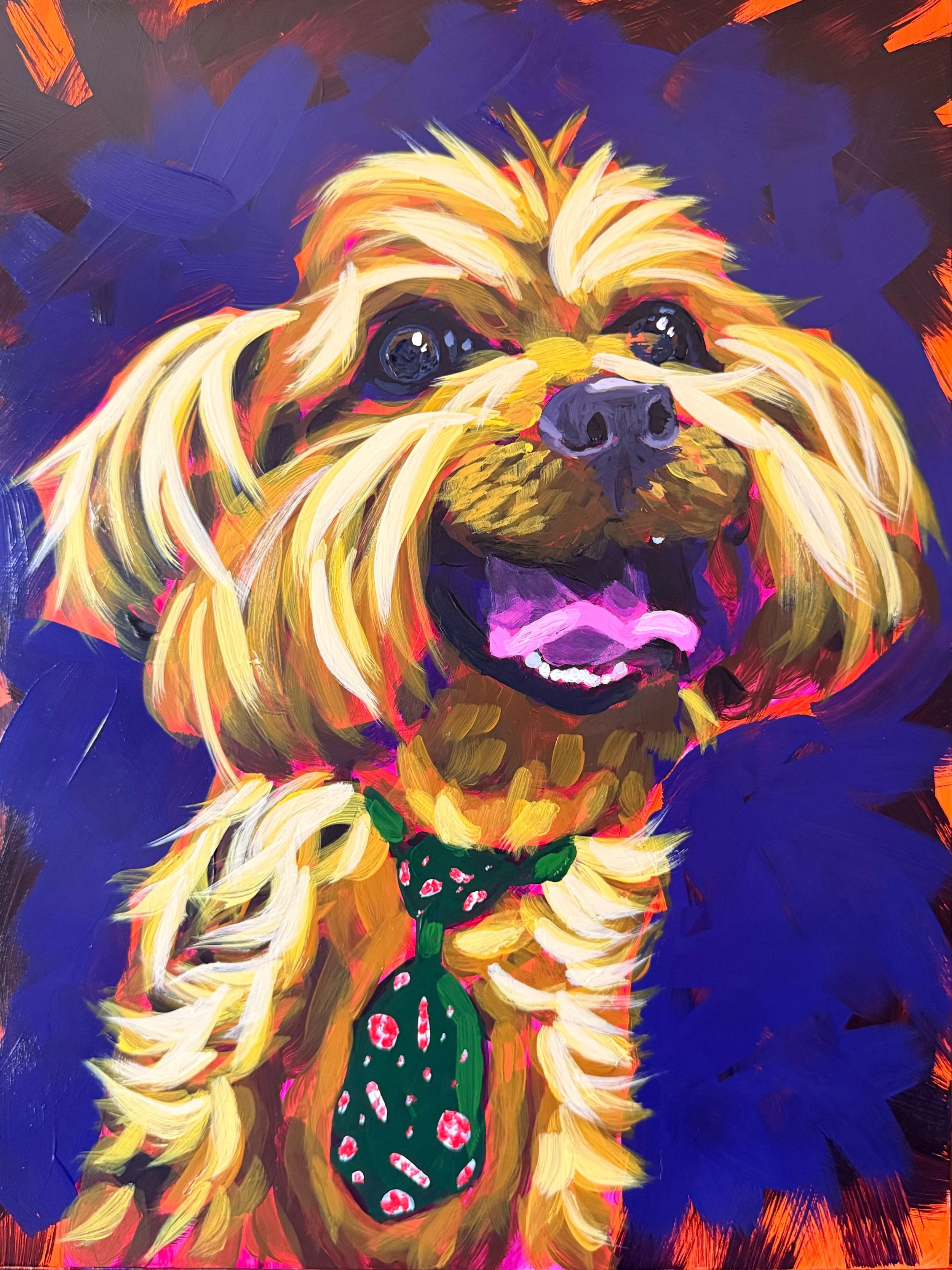A purple-blue background with a cute terrier dog smiling with his tongue out wearing a green tie with red and white patterns. Bits of orange and magenta underpainting show through