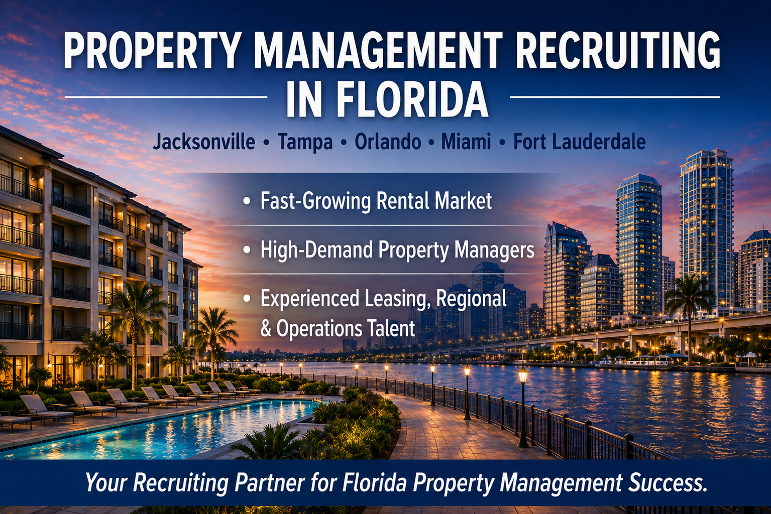 Luxury waterfront apartment communities and Florida skyline representing property management recruiting across Jacksonville, Fort Lauderdale, Tampa, Orlando, and Miami