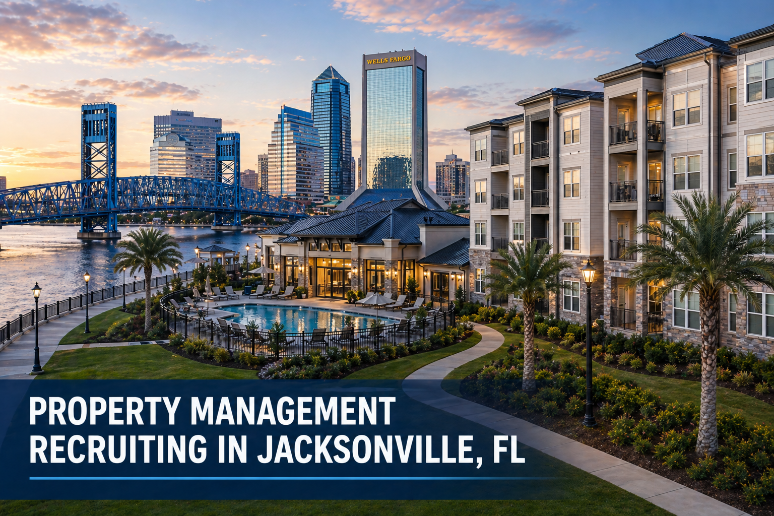 Luxury multifamily apartment community and Jacksonville skyline representing property management recruiting in Jacksonville, Florida