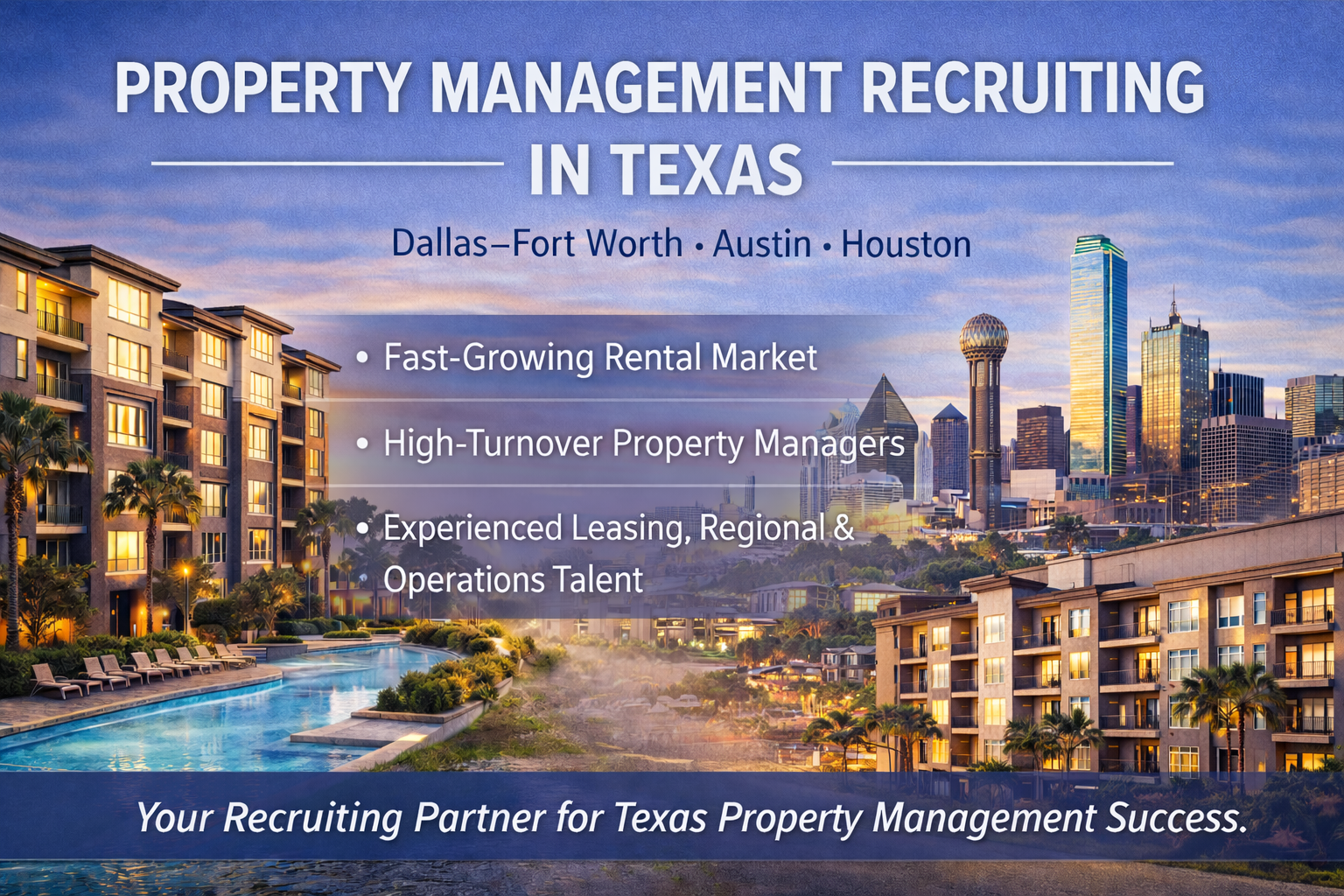A promotional image for property management recruiting in Texas, showing a cityscape with a pool and apartment buildings in the foreground. The text highlights a fast-growing rental market, high-turnover property managers, and experienced leasing, regional, and operations talent. The tagline states, 'Your Recruiting Partner for Texas Property Management Success.'