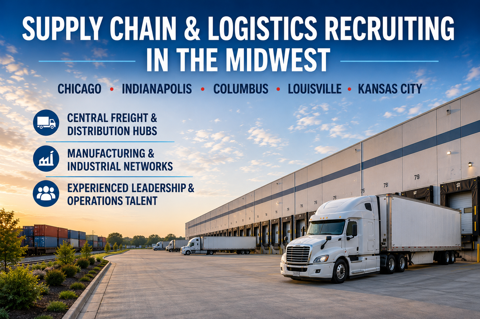 Midwest logistics warehouse and freight transportation hub representing supply chain and logistics recruiting across Chicago, Indianapolis, Columbus, Louisville, and Kansas City