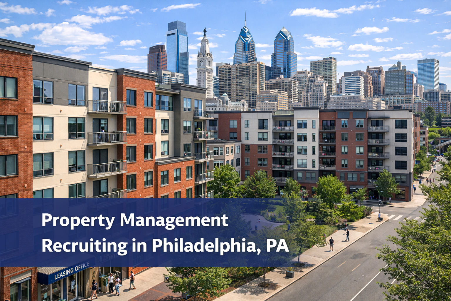 Philadelphia property management recruiting featuring modern multifamily apartment community and Center City skyline