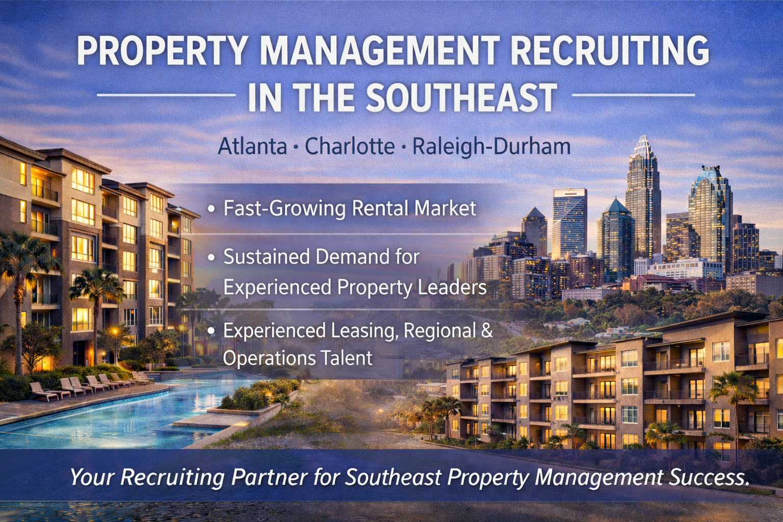 A promotional graphic for property management recruiting in the Southeast, featuring a city skyline with tall buildings, a residential complex with balconies and a swimming pool at sunset, promoting opportunities in Atlanta, Charlotte, and Raleigh-Durham with points highlighting a fast-growing rental market, experienced property leaders, and regional leasing and operations talent.
