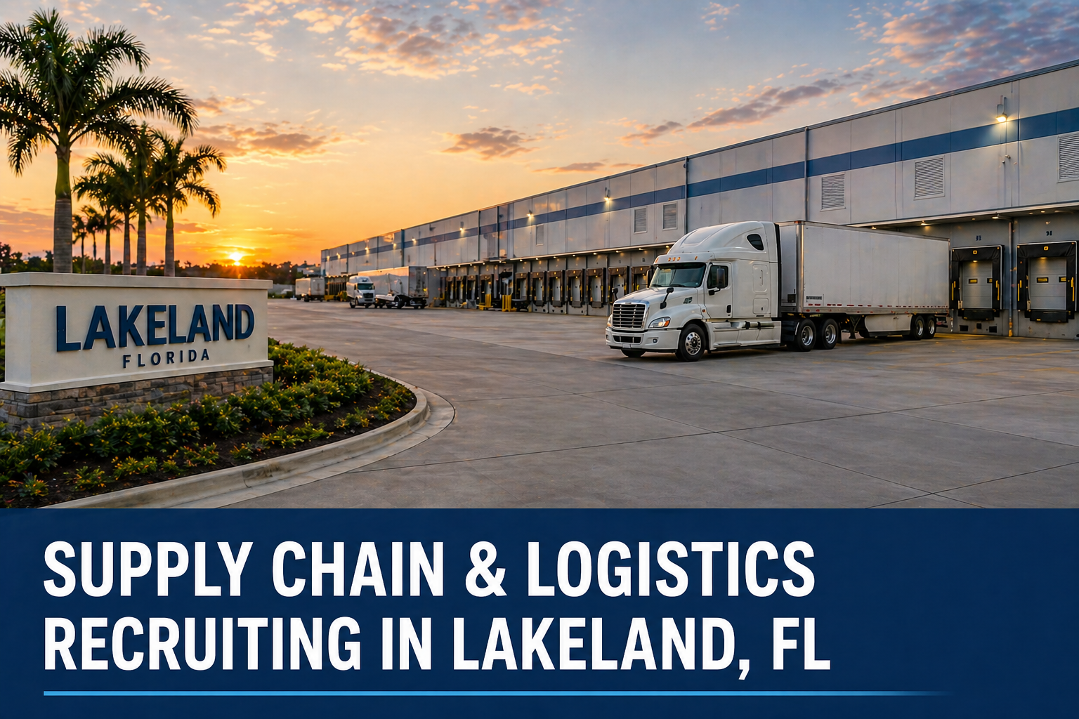 Large distribution warehouse and semi trucks representing supply chain and logistics recruiting in Lakeland, Florida