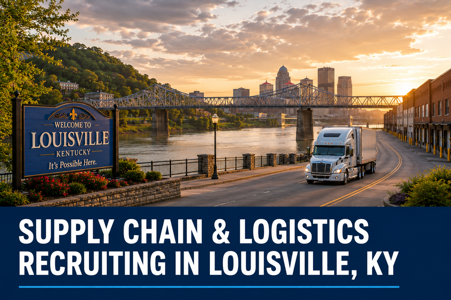 Louisville Kentucky logistics corridor with freight truck, bridge, and warehouse operations representing supply chain recruiting