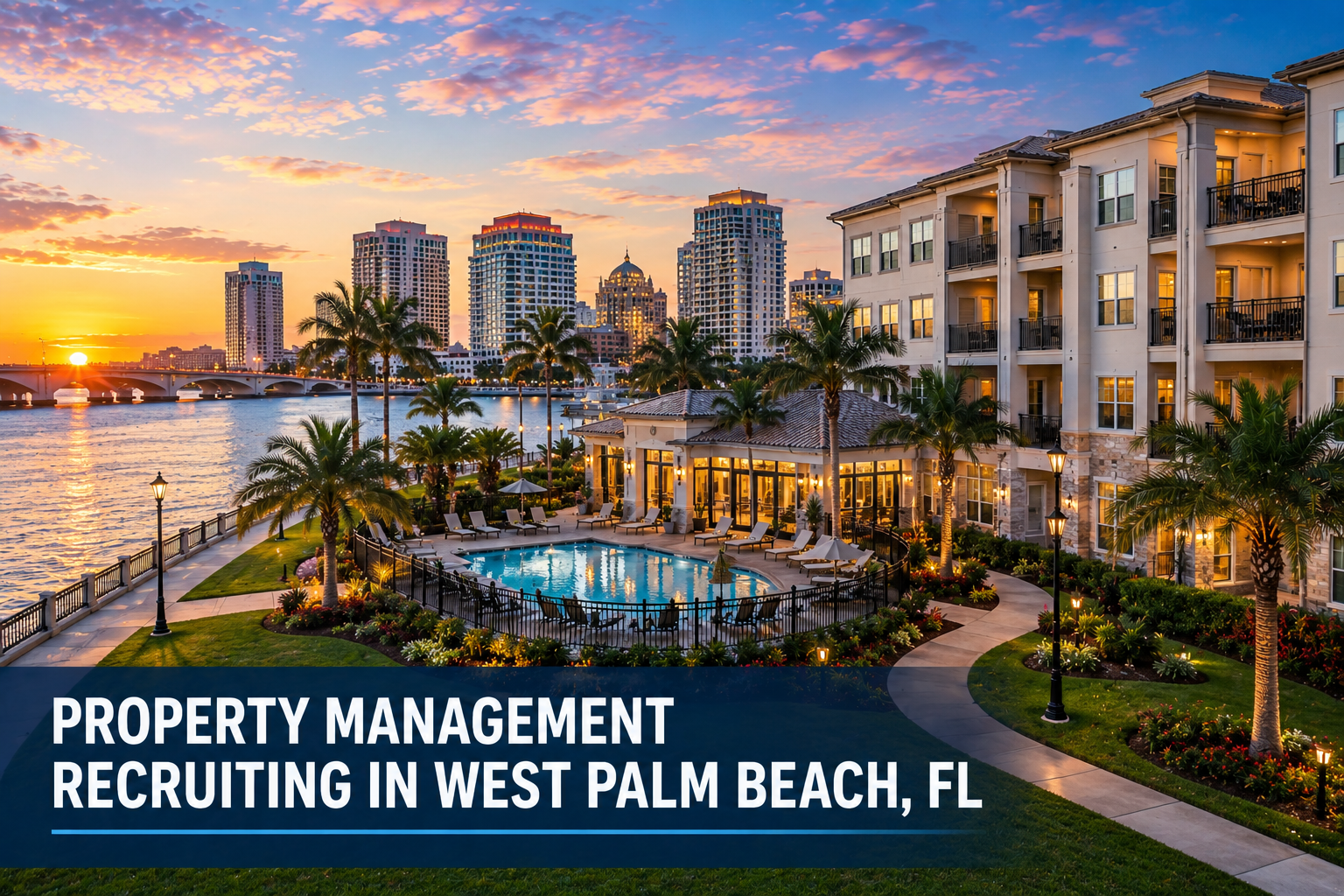 Luxury waterfront apartment community and skyline representing property management recruiting in West Palm Beach, Florida