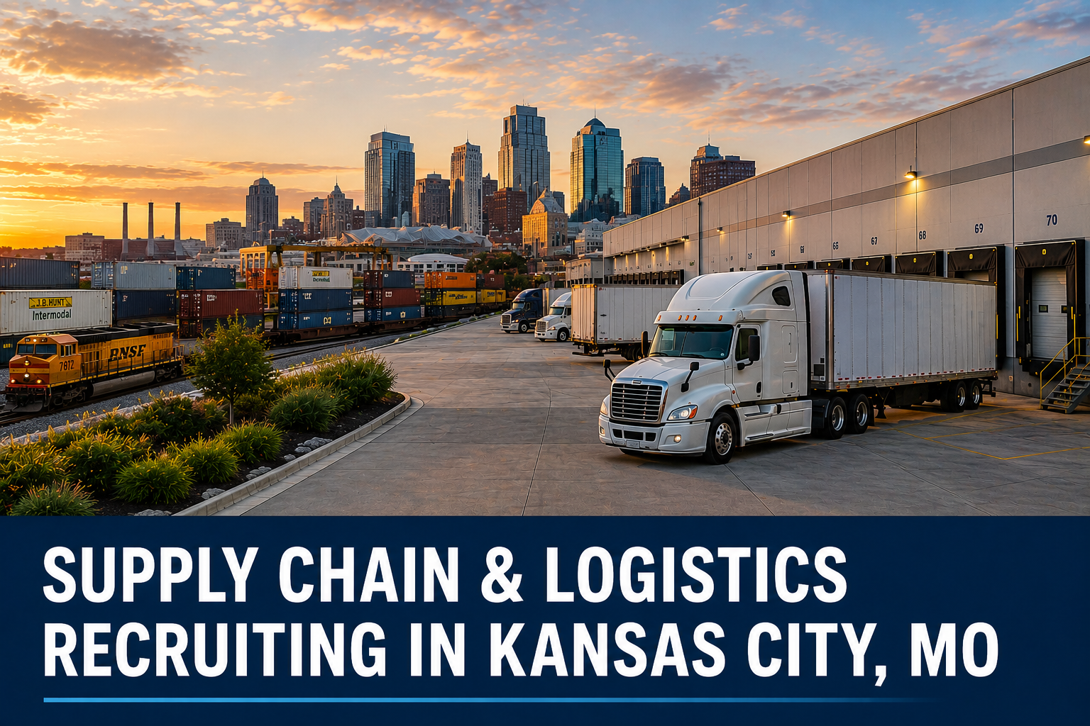 Kansas City logistics hub with intermodal rail, warehouse distribution center, freight trucks, and skyline representing supply chain recruiting