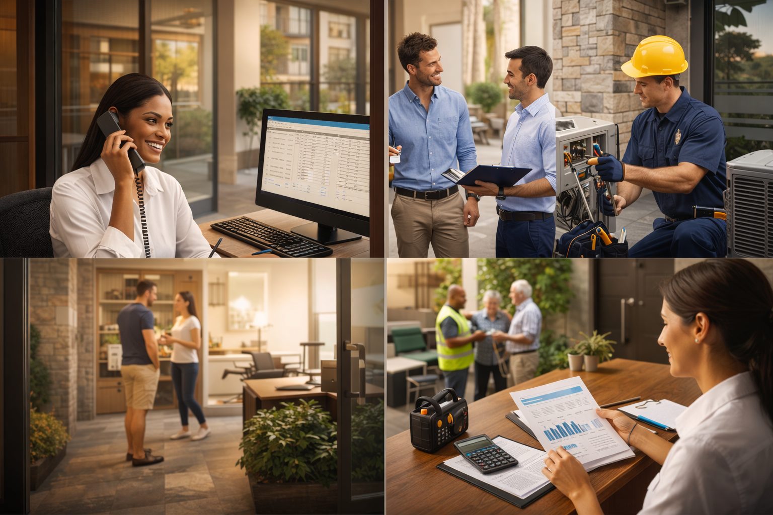 Collage of four images showing office and construction scenes: Top left - woman talking on phone at her desk with computer monitoring construction data; top right - two men in business casual talking outside with construction workers; bottom left - two people conversing near an office entrance; bottom right - woman reviewing financial reports with calculator and portable radio.