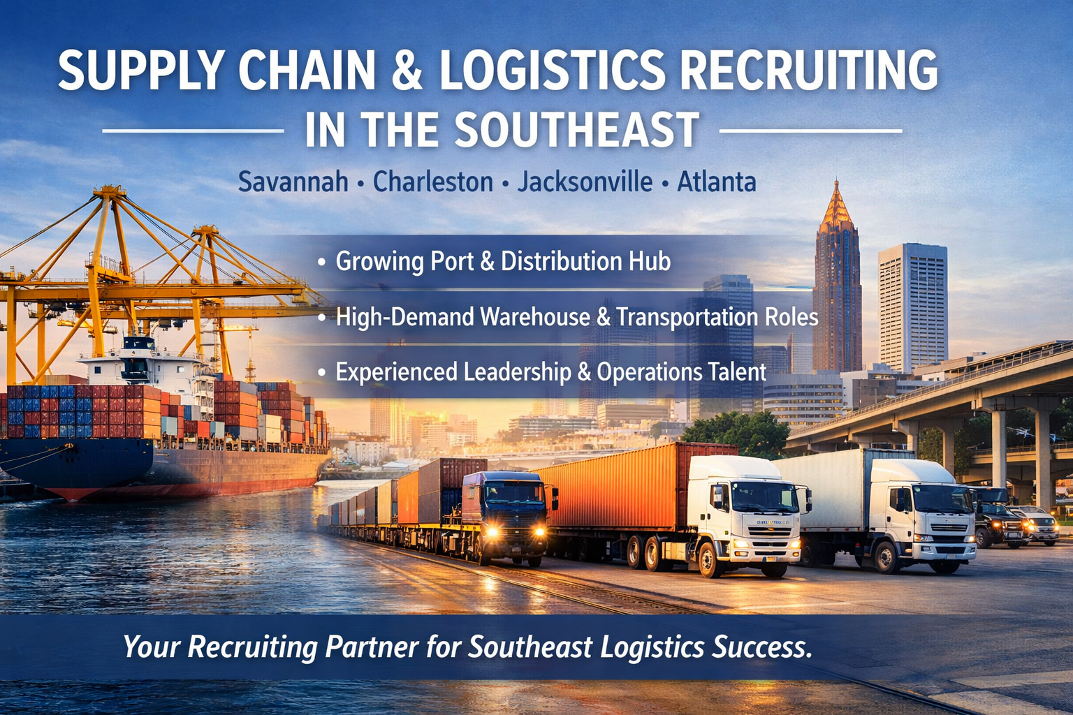 An advertisement for supply chain and logistics recruiting in the Southeast, featuring a cargo ship, trucks, and a city skyline with skyscrapers at sunset.