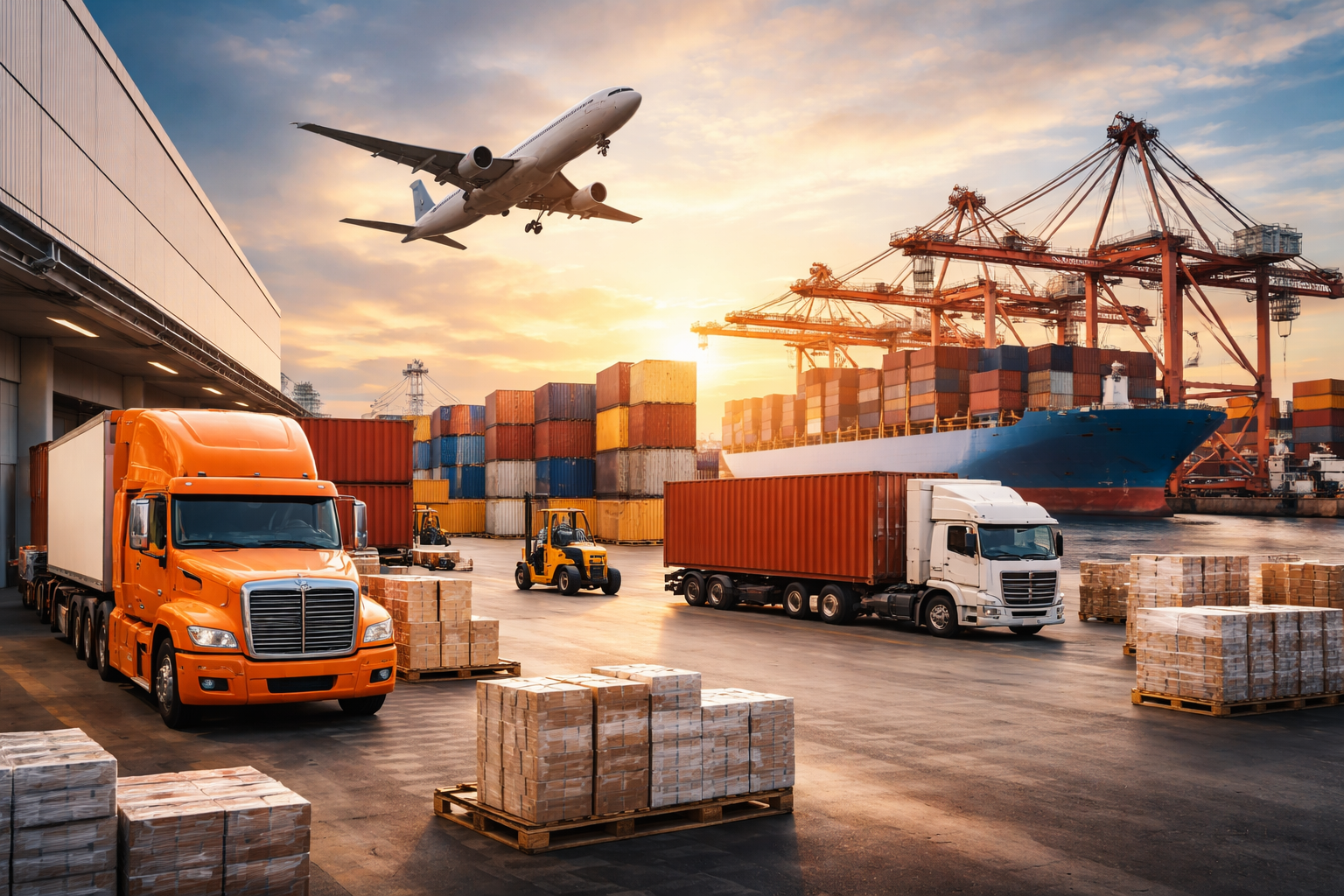 A busy port at sunset with cargo containers, trucks, forklifts, and cranes, and an airplane flying overhead.