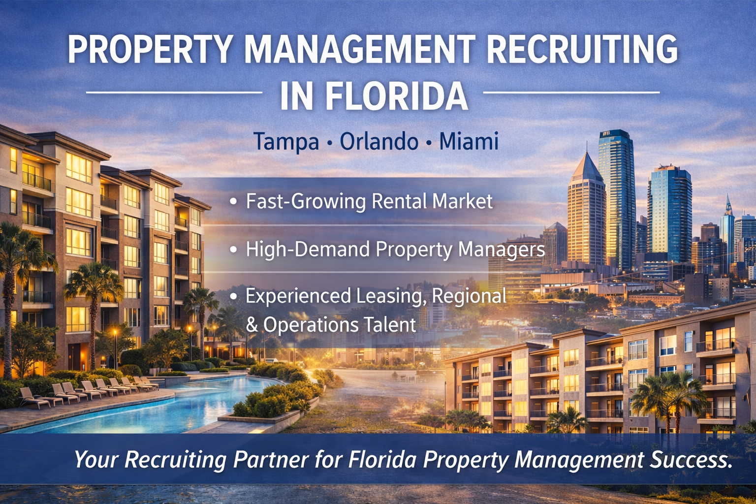 Skyline of Miami with commercial buildings in the background and resort-style apartments with pool in foreground, advertises property management recruiting in Florida.