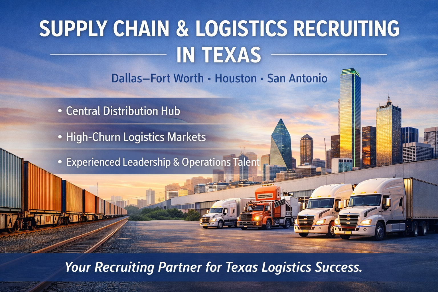 An advertisement for supply chain and logistics recruiting in Texas, featuring Dallas-Fort Worth, Houston, and San Antonio. The background shows a city skyline at sunset with trucks and cargo containers on the road.