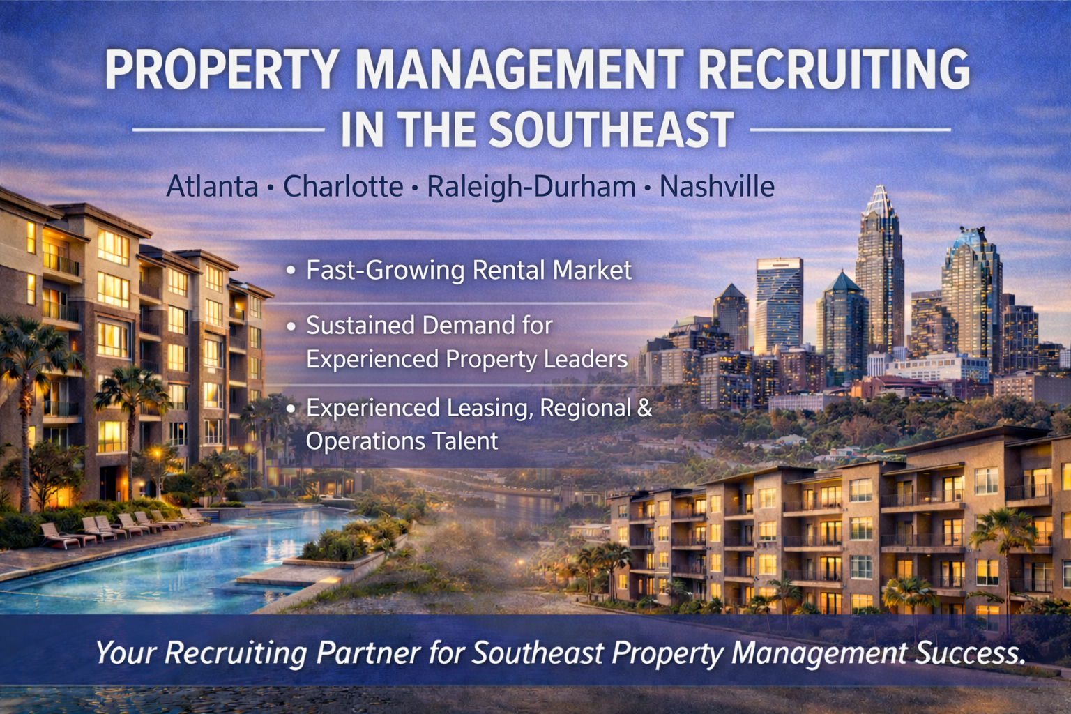 Property Management Recruiting in the Southeast including Atlanta, Charlotte, Raleigh-Durham, and Nashville apartment communities and skyline