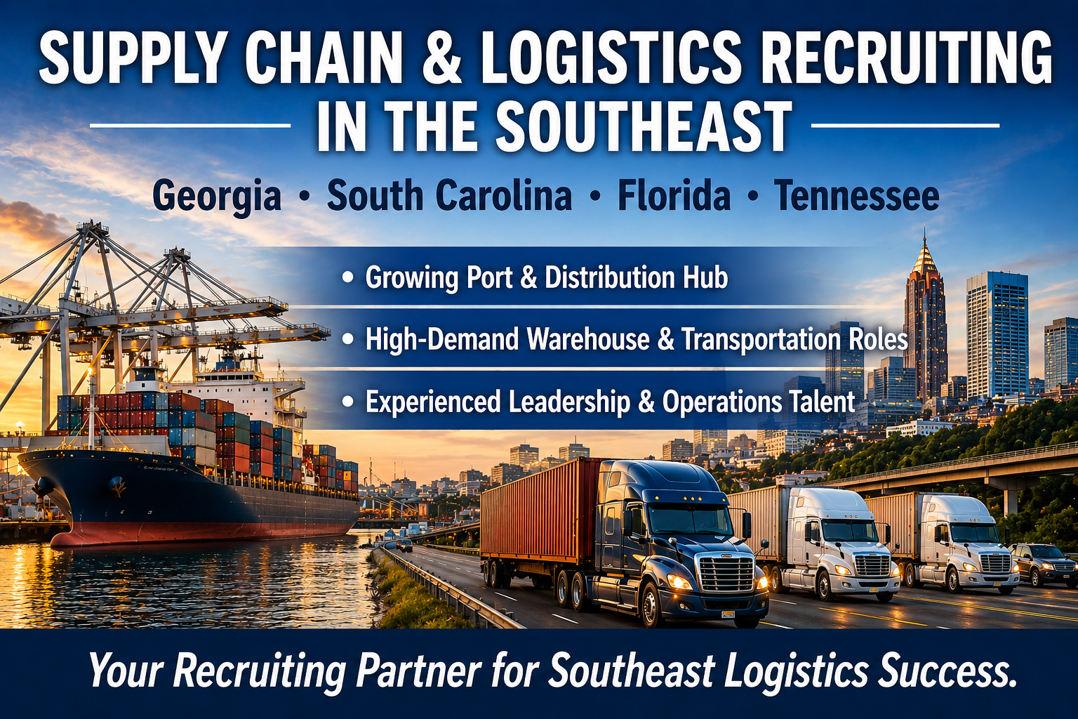 Supply chain and logistics recruiting services across Georgia, South Carolina, Florida, and Tennessee supporting ports, distribution centers, transportation providers, warehouses, and manufacturing operations.