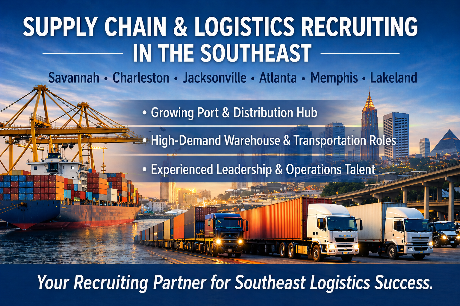 Container port, freight trucks, and Southeast logistics corridor representing supply chain and logistics recruiting across Savannah, Charleston, Jacksonville, Atlanta, Memphis, and Lakeland