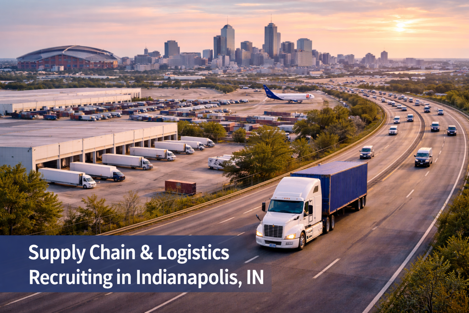 Indianapolis supply chain and logistics recruiting featuring distribution centers, interstate freight corridors, and air-supported fulfillment operations