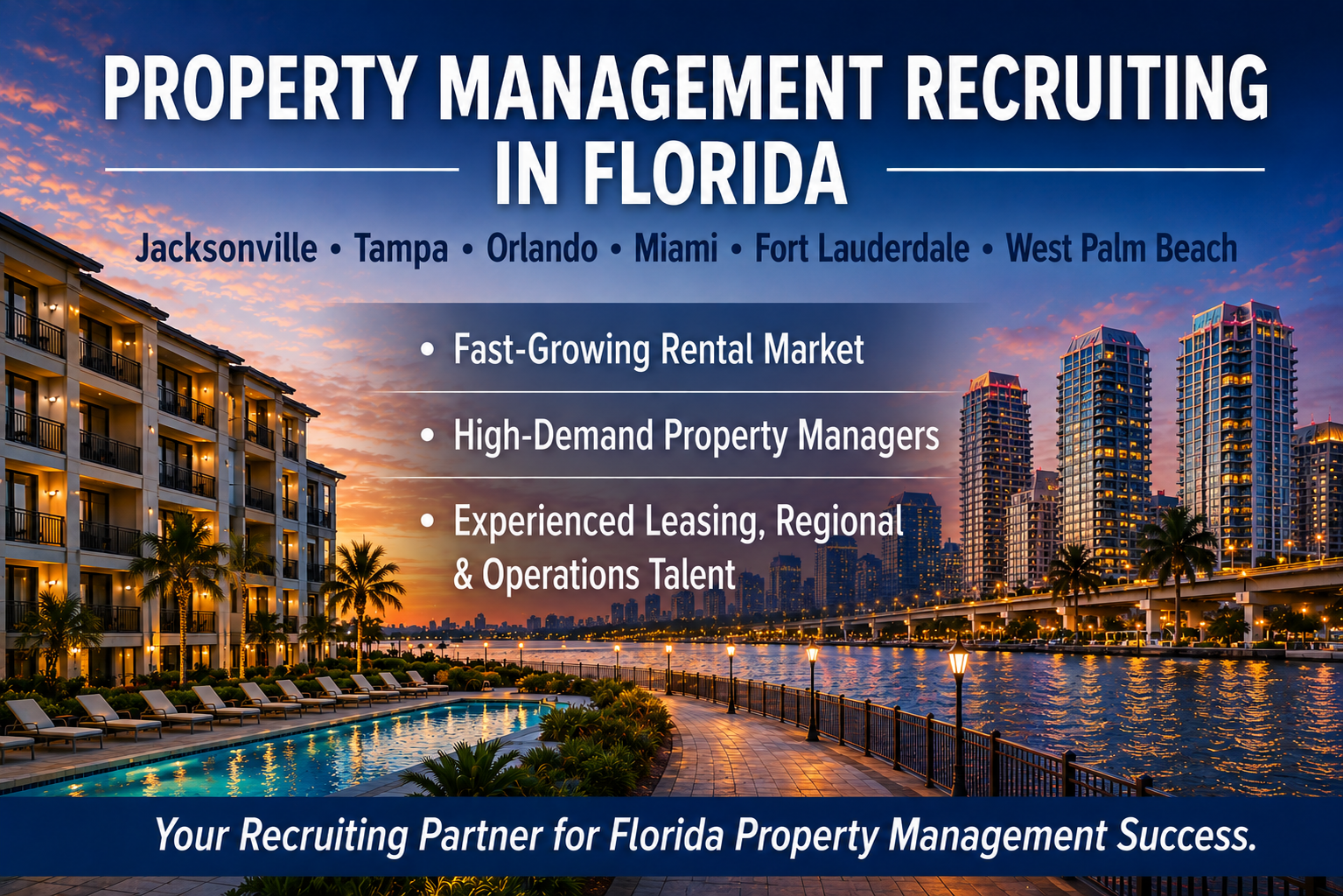 Luxury Florida waterfront apartment communities and skyline representing property management recruiting across Jacksonville, Tampa, Orlando, Miami, Fort Lauderdale, and West Palm Beach