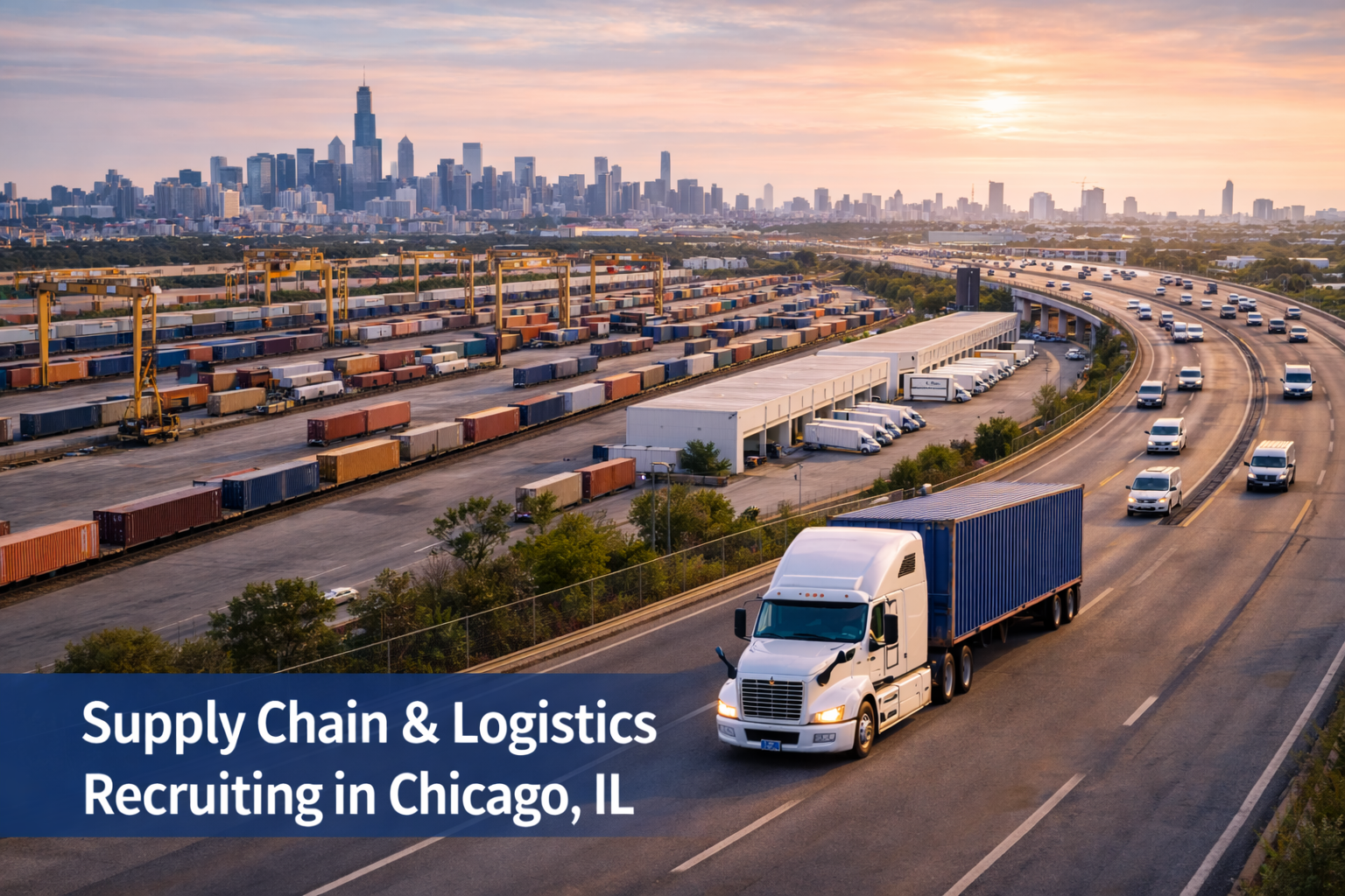 Chicago supply chain and logistics recruiting featuring intermodal rail yards, distribution centers, and freight transportation