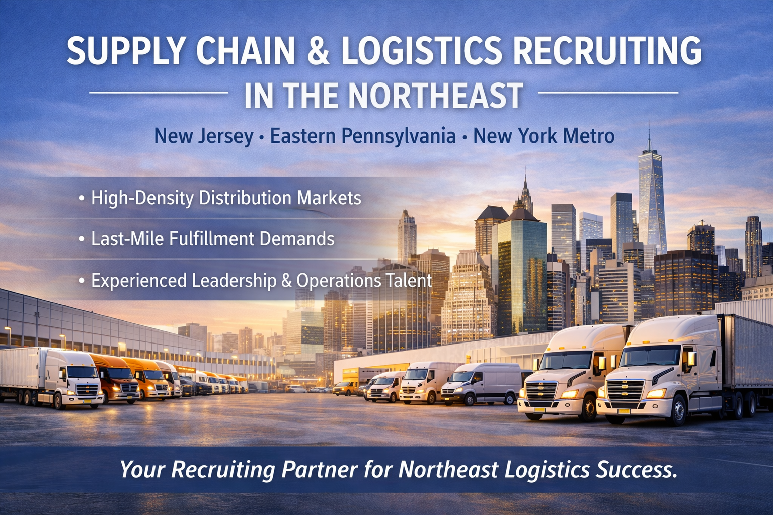 A fleet of white and orange delivery trucks parked in front of a city skyline with tall skyscrapers at sunset, advertising supply chain and logistics recruiting in the Northeast.