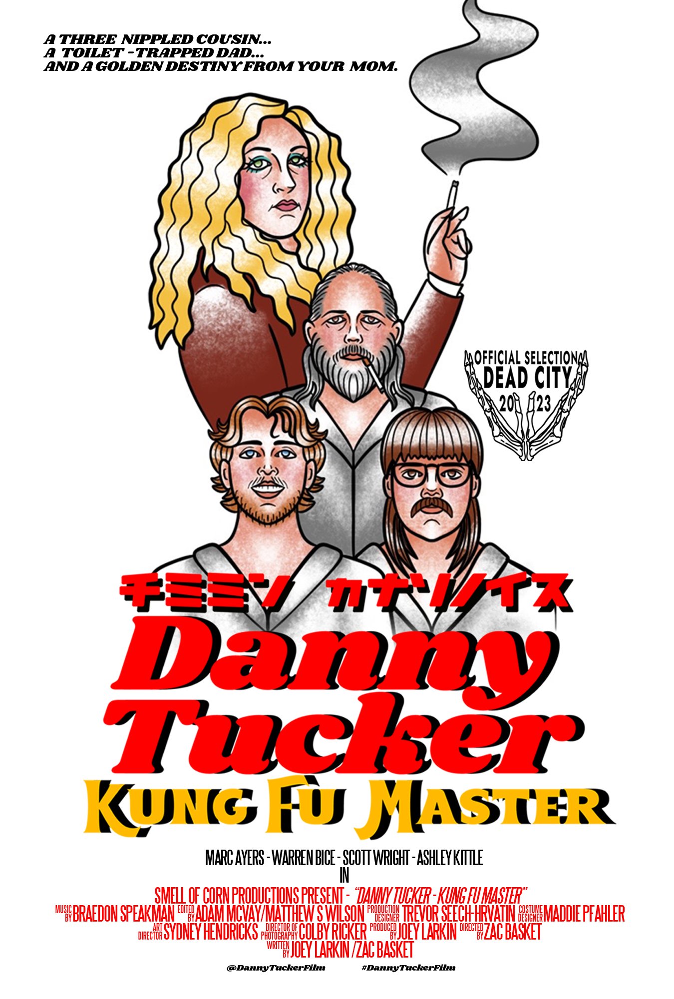 Cartoon movie poster for 'Danny Tucker: Kung Fu Master' featuring four illustrated characters, a woman with blonde hair, an older man with a beard smoking, and two younger men, with a smoking cigarette and 'Dead City' badge. Text includes title, credits, and production details.