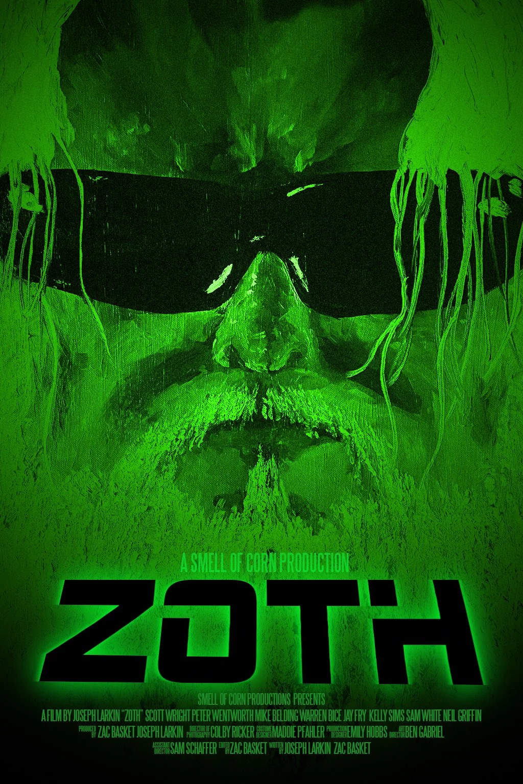 Movie poster for 'ZOTH' with a green-toned illustration of a man wearing sunglasses and a beard. The tagline reads 'A smell of corn production' and the poster lists the cast and crew.